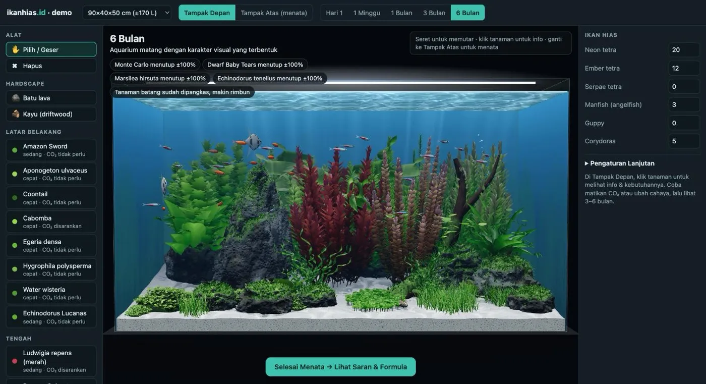 The ikanhias.id simulator showing a planted aquarium at six months