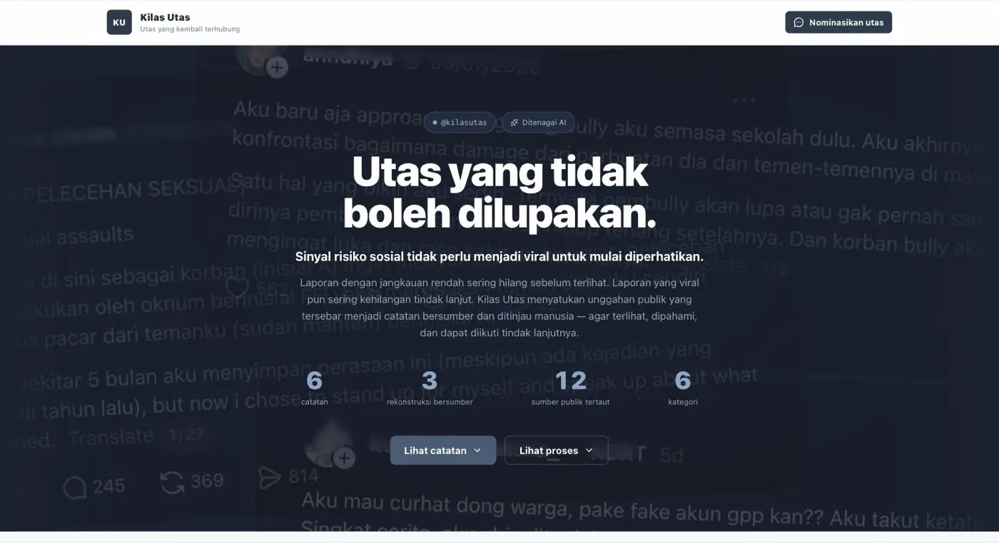The Kilas Utas home page with the headline 'Utas yang tidak boleh dilupakan'